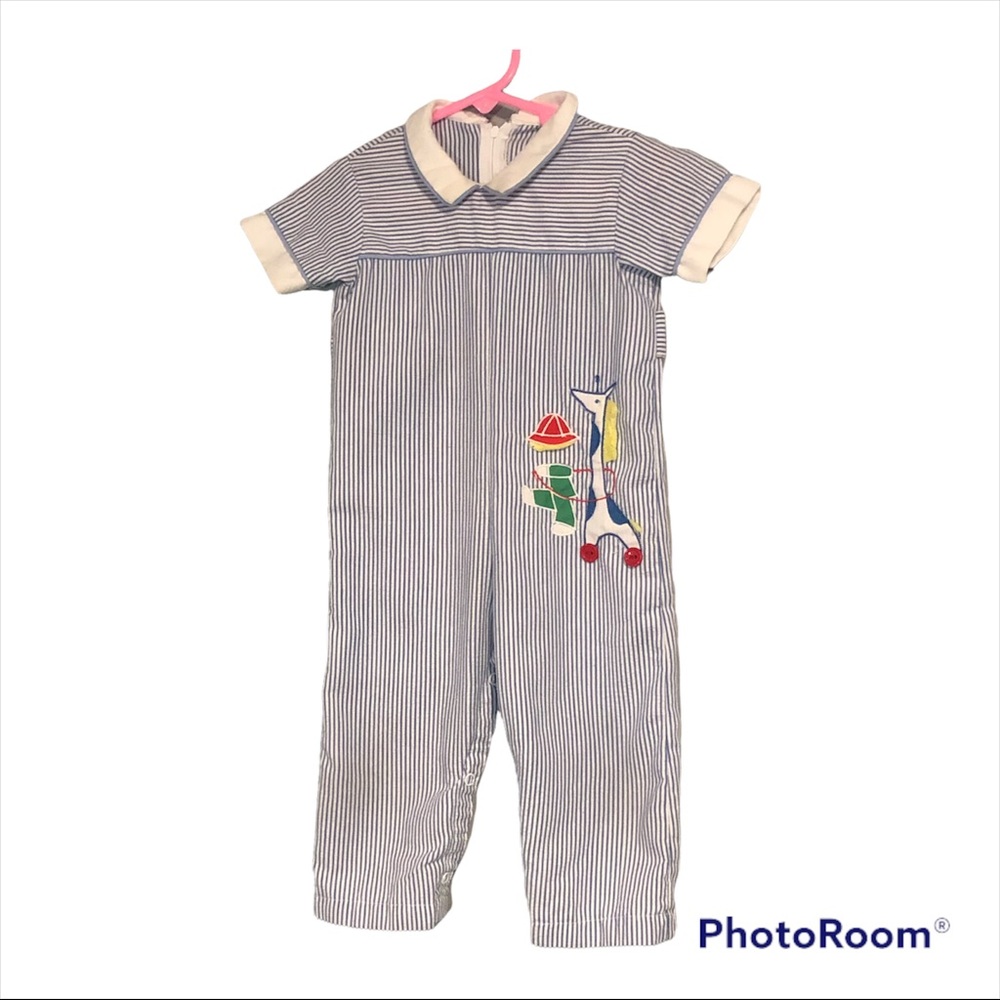 Vintage Thomas Pinstripe Romper USA Made Blue White Boys 18M